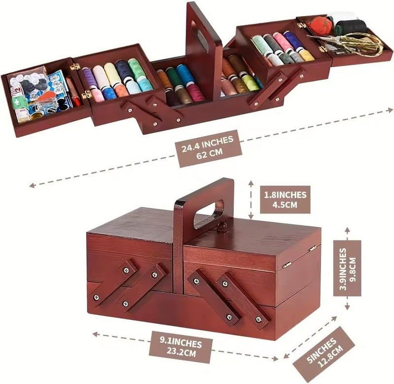 EFFNILIM 1pcs Wooden Expandable Sewing Box Sewing Kit Storage Box with Handle, Embroidery Kit Wooden Sewing Basket - Image 2